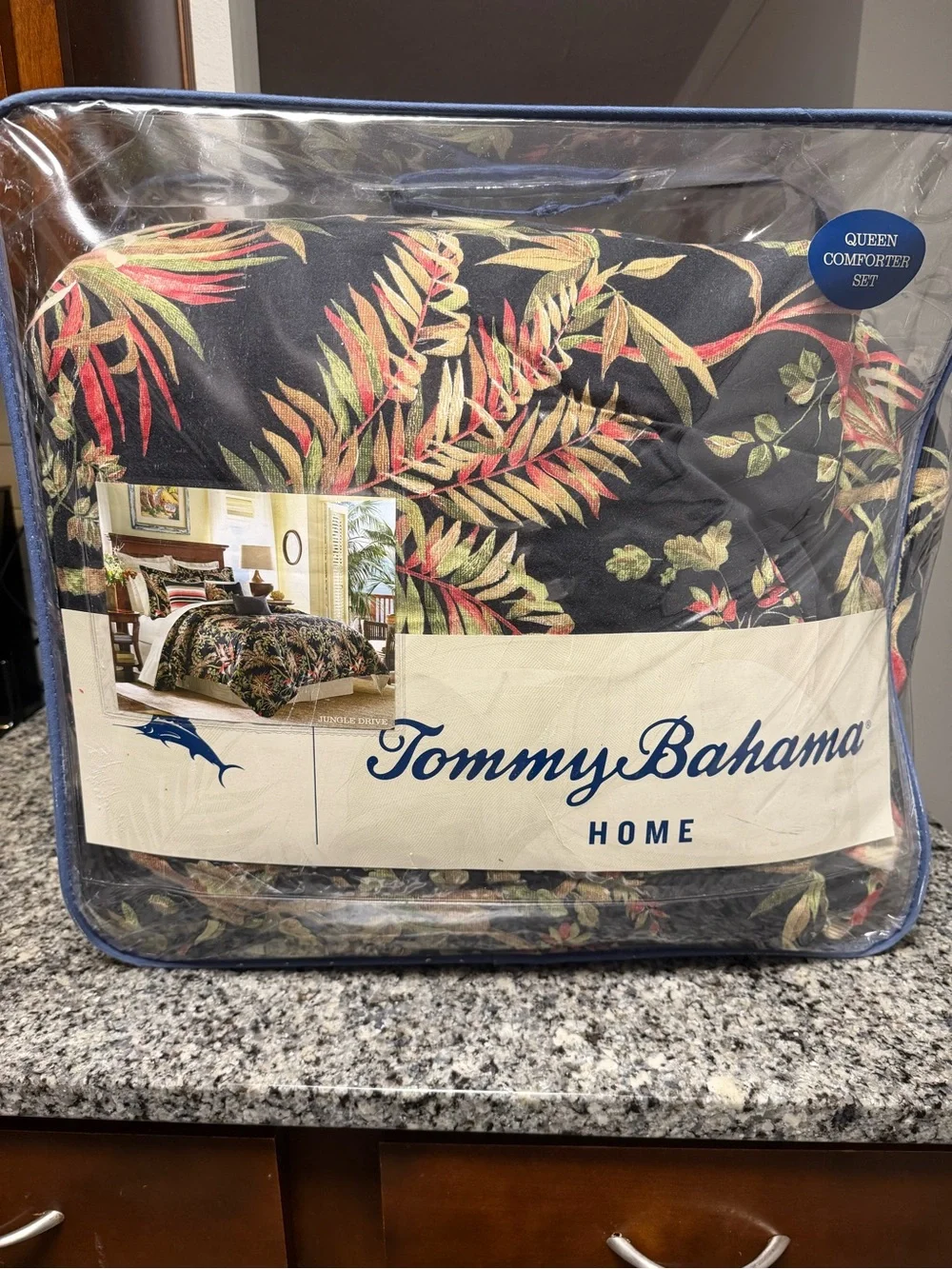 Tommy Bahama Black Comforter with Green and Red Tropical Leaves